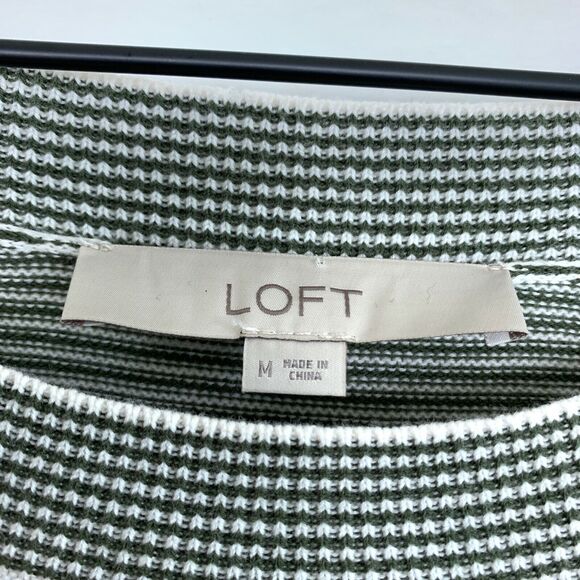 LOFT Striped Cutout Swing Sweater Gray White Flared Sleeves Ribbed Womens Medium - Picture 7 of 11